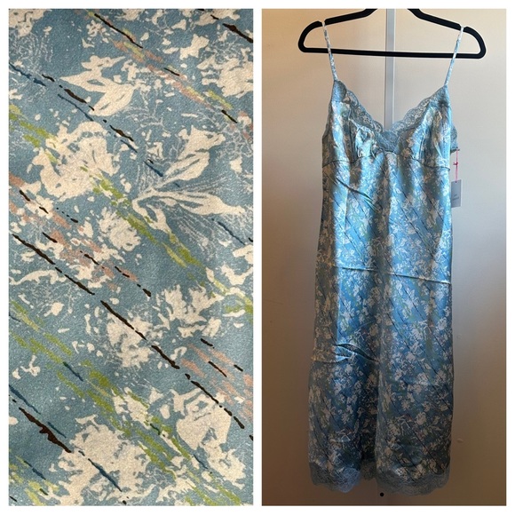 NEW Gold Hawk 100% Silk Lace Trim Midi Slip Dress Forget Me Not Blue Sz Large